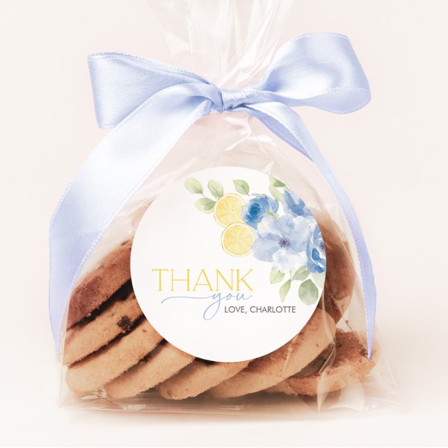 Bridal Shower Main Squeeze Blue Yellow Favour Classic Round Sticker (She found her Main Squeeze! Bridal Shower Blue floral lemon citrus favor stickers)