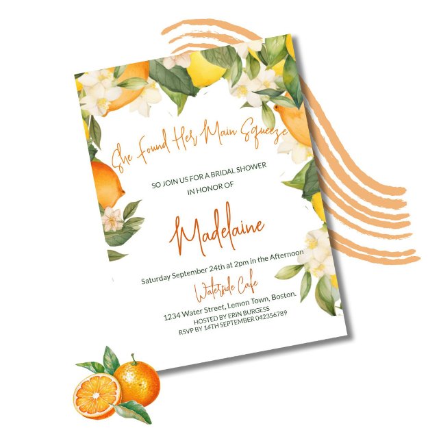 Bridal Shower Main Squeeze Lemon Orange Citrus  Invitation (Creator Uploaded)