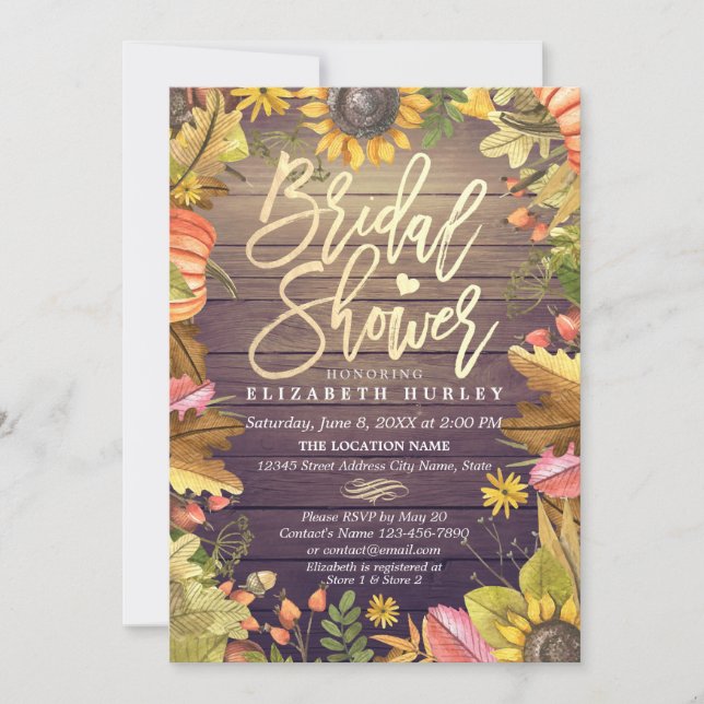 Bridal Shower Maple Leaves Pumpkins Sunflower Wood Invitation (Front)