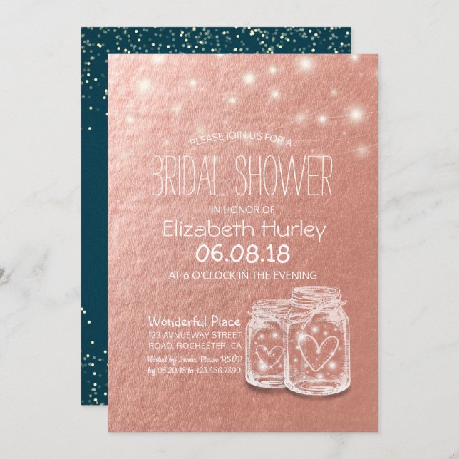Bridal Shower Mason Jars String Lights Rose Gold I Invitation (Front/Back)