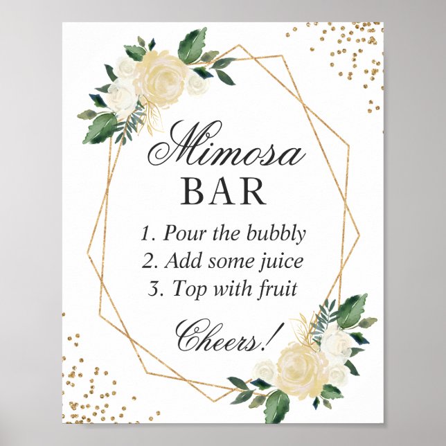 Bridal Shower Mimosa Bar White Green Gold Floral Poster (Front)