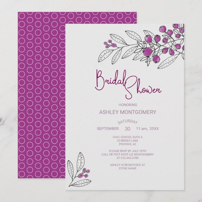 Bridal Shower Minimalist Purple Berries Leaves Invitation (Front/Back)