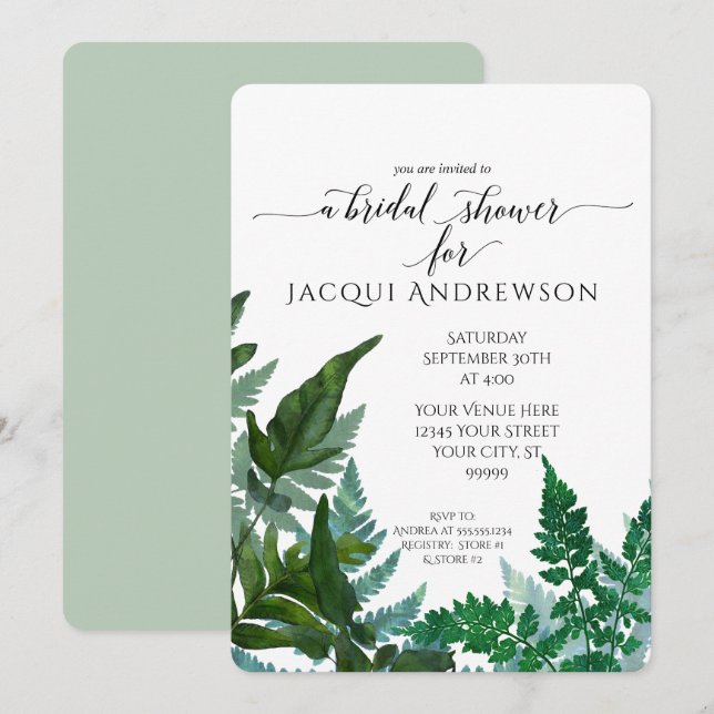 Bridal Shower Mint Fern Foliage Forest Botanical Invitation (Front/Back)