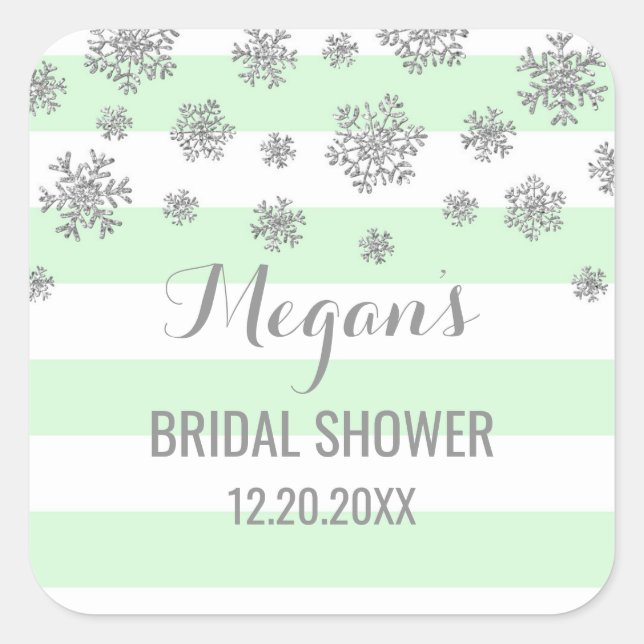 Bridal Shower Mint Stripes Silver Snow Winter Square Sticker (Front)