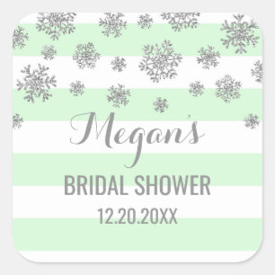 Bridal Shower Mint Stripes Silver Snow Winter Square Sticker