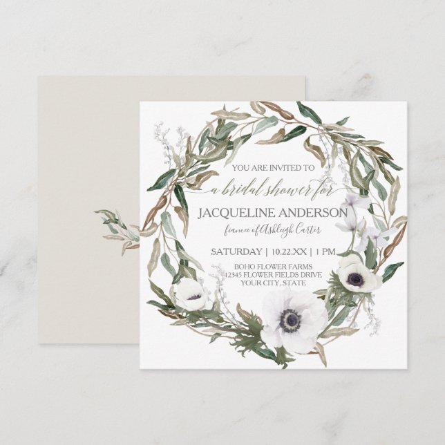 Bridal Shower Modern Anemone Olive Leaf Wreath Art Invitation (Front/Back)
