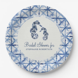 Bridal Shower Modern Beach Seahorse Indigo Shibori Paper Plate