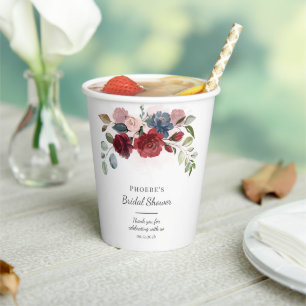  Bridal Shower Modern Burgundy Blush Floral Paper Cups