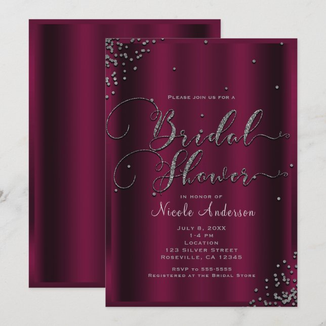 Bridal Shower Modern Burgundy Silver Confetti Invitation (Front/Back)