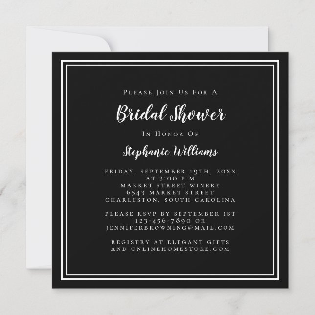 Bridal Shower Modern Elegant Black & White Square Invitation (Front)
