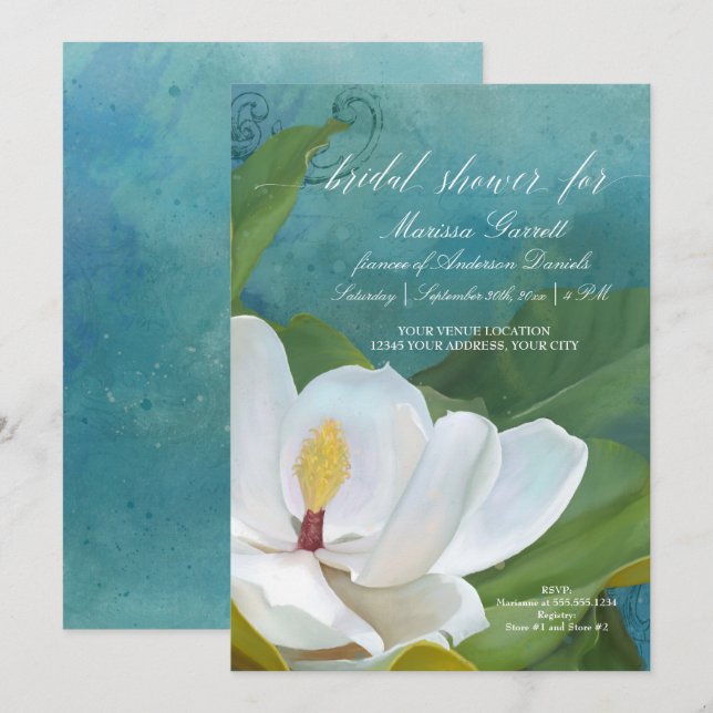 Bridal Shower Modern Elegant Magnolia Floral Art Invitation (Front/Back)