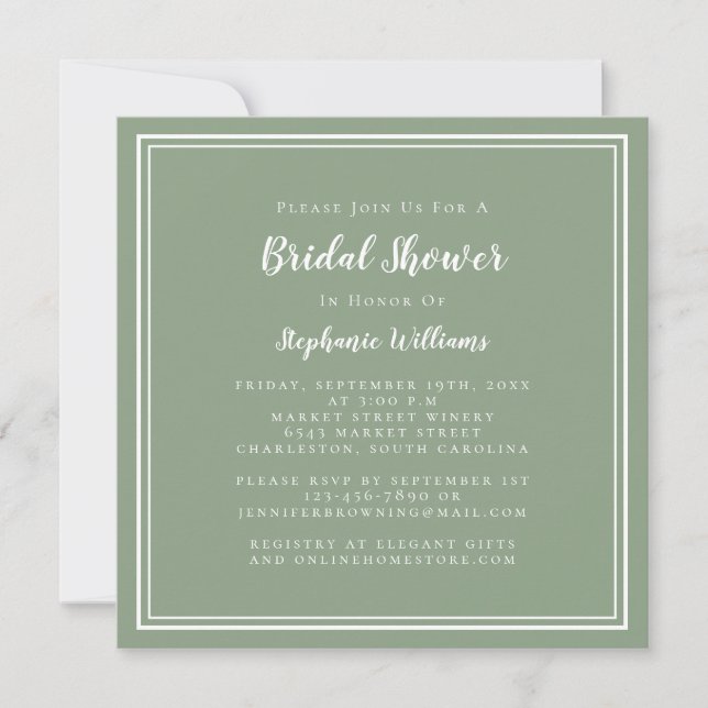 Bridal Shower Modern Elegant Sage Green Square Invitation (Front)
