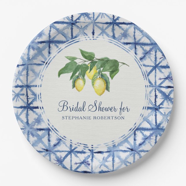 Bridal Shower Modern Lemon and Leaf Indigo Shibori Paper Plate (Front)