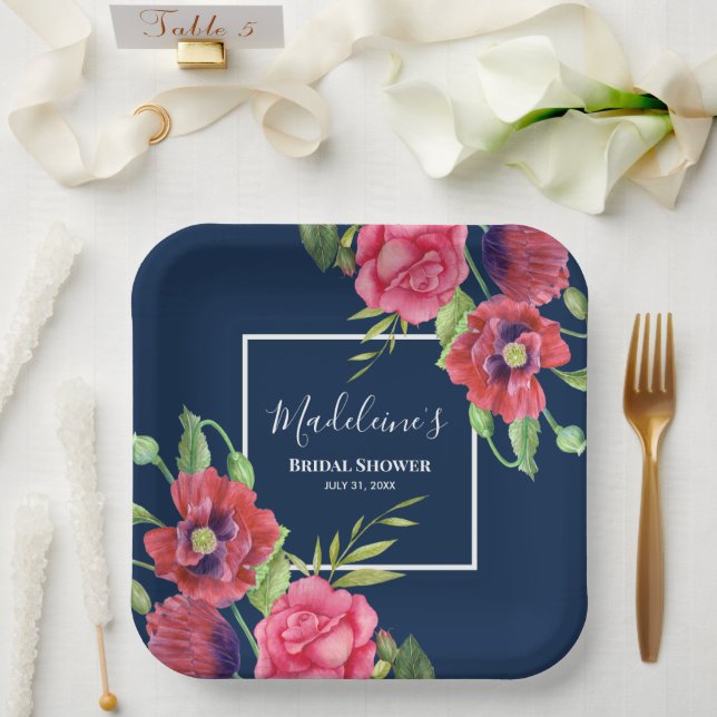 Bridal Shower Modern Red Pink Flowers on Dark Navy Paper Plate (Wedding)