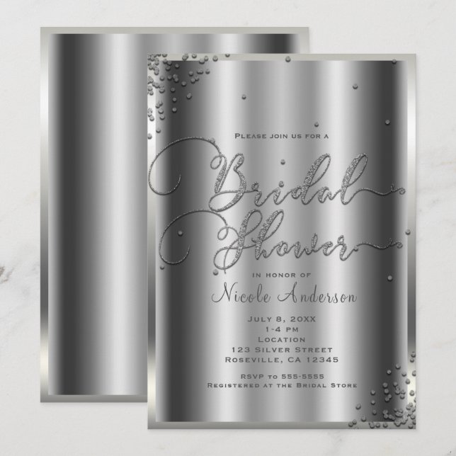 Bridal Shower Modern Silver Shine Glam Confetti Invitation (Front/Back)