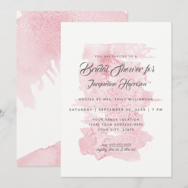 Bridal Shower Modern Simple Watercolor Wash Pink Invitation (Front/Back)