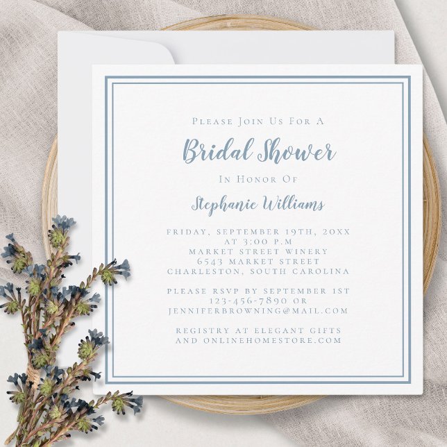 Bridal Shower Modern Square Elegant Dusty Blue Invitation (Creator Uploaded)