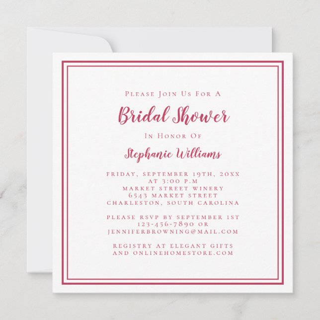 Bridal Shower Modern Square Elegant Magenta Red Invitation (Front)
