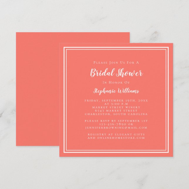 Bridal Shower Modern Square Elegant Trendy Coral Invitation (Front/Back)