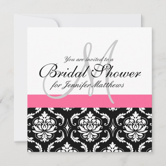 Bridal Shower Monogram Damask Invitation Pink (Front)