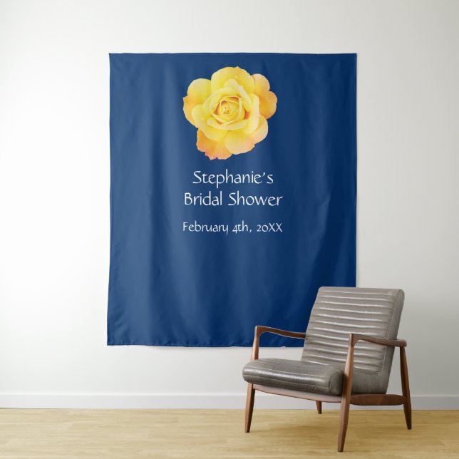 Bridal Shower Monogram Name Yellow Rose Navy Blue Tapestry (In Situ)