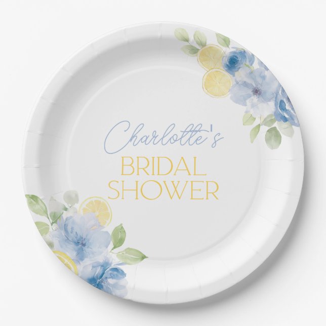 Bridal Shower Napkins Main Squeeze Blue Flowers Paper Plate (Front)
