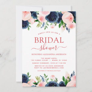 Bridal Shower Navy Blue Blush Pink Floral Invitation