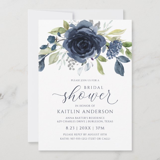 Bridal Shower Navy Blue Floral Watercolor Silver Invitation (Front)