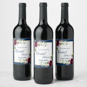 Bridal shower navy blue florals burgundy name wine label
