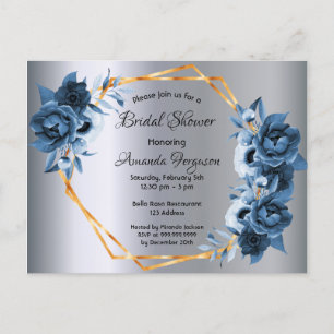 Bridal shower navy blue florals silver invitation postcard