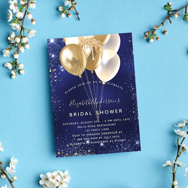 Bridal Shower navy blue gold balloons glamorous Invitation (Creator Uploaded)