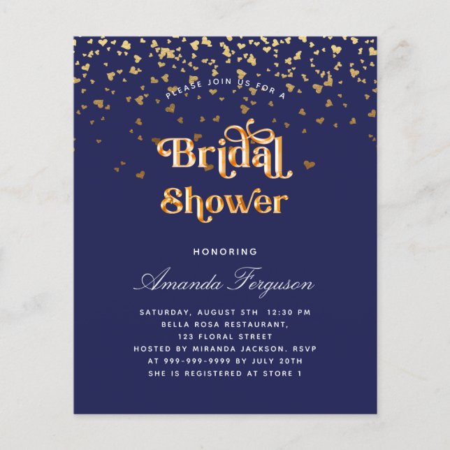 Bridal shower navy blue gold budget invitation (Front)