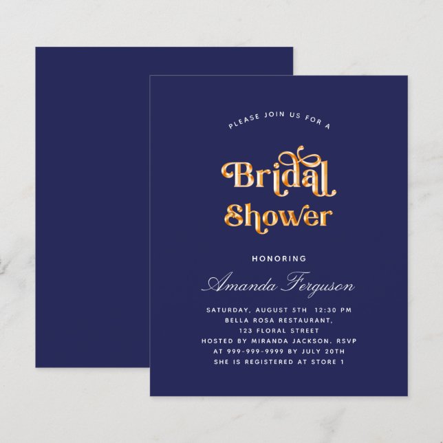 Bridal shower navy blue gold budget invitation (Front/Back)