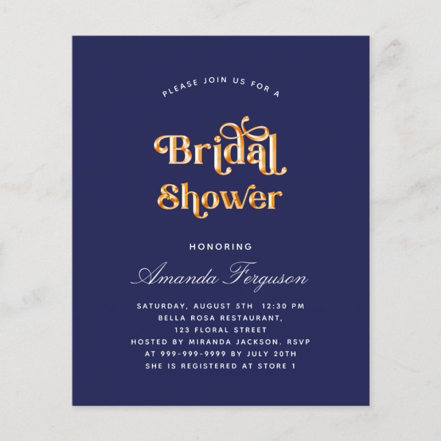 Bridal shower navy blue gold budget invitation flyer (Front)
