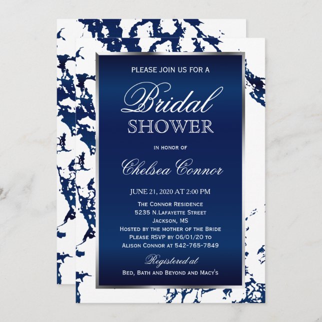 Bridal Shower - Navy Blue Marble, White & Silver Invitation (Front/Back)