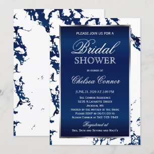 Bridal Shower - Navy Blue Marble, White & Silver Invitation