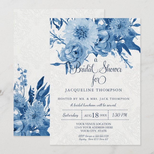 Bridal Shower Navy Blue White Chintz Damask Floral Invitation (Front/Back)