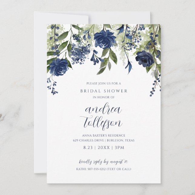 Bridal Shower Navy Blue Wildflower Floral Invitation (Front)