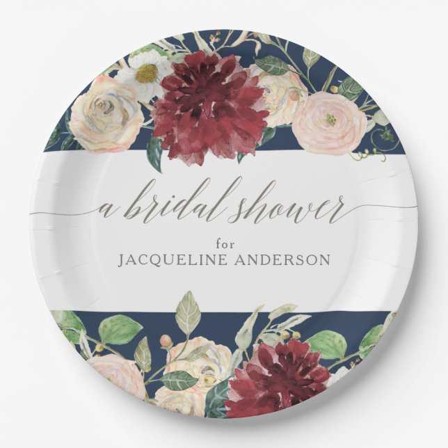 Bridal Shower Navy Blush Burgundy Roses Floral Paper Plate (Front)