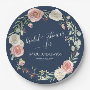 Bridal Shower Navy Blush Ivory Roses Wreath Paper Plate
