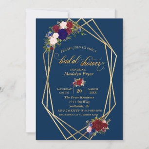 Bridal Shower Navy Burgundy Gold Frame GoldModern Invitation