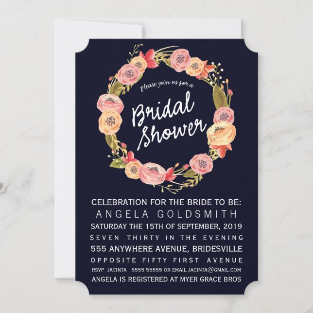 Bridal Shower Navy Floral Wreath Invite (Front)