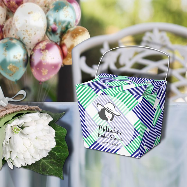Bridal Shower Navy Green Stripes Takeout Favour Box (Big Derby hat lady on blue and green diagonal stripes takeout style bridal shower favor boxes)