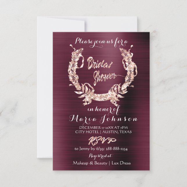 Bridal Shower Olive Wreath  Rose Gold Burgundy Red Invitation (Front)