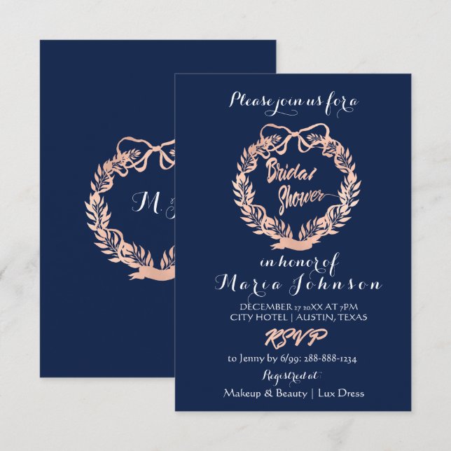 Bridal Shower Olives Floral Wreath Navy Rose Gold Invitation (Front/Back)