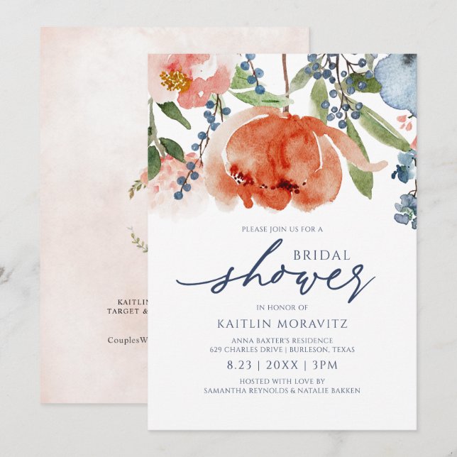Bridal Shower Orange Blue Peonies Botanical Floral Invitation (Front/Back)
