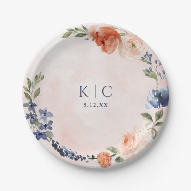 Bridal Shower Orange Dusty Blue Peony Dessert Paper Plate (Front)