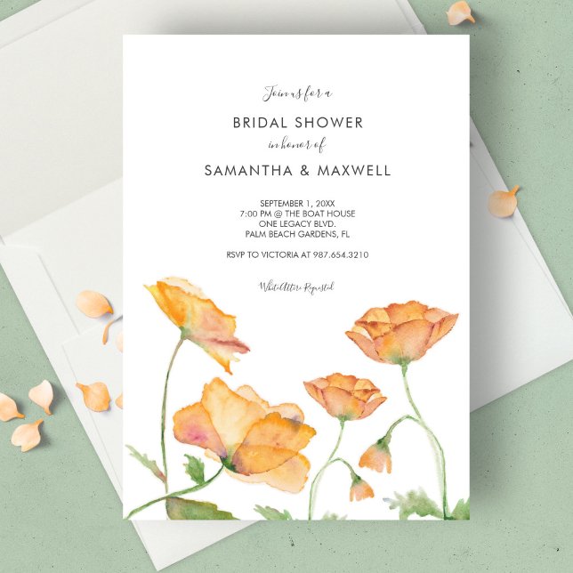 Bridal Shower Orange Floral Watercolor Invitation (Bridal shower invitations watercolor orange poppy flowers by Victoria Grigaliunas Do Tell A Belle)