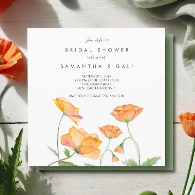 Bridal Shower Orange Floral Watercolor Poppies Invitation (Floral bridal shower invitations watercolor orange poppies art by Victoria Grigaliunas DoTellABelle)