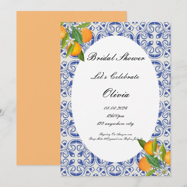 BRIDAL SHOWER ORANGES INVITATION  (Front/Back)